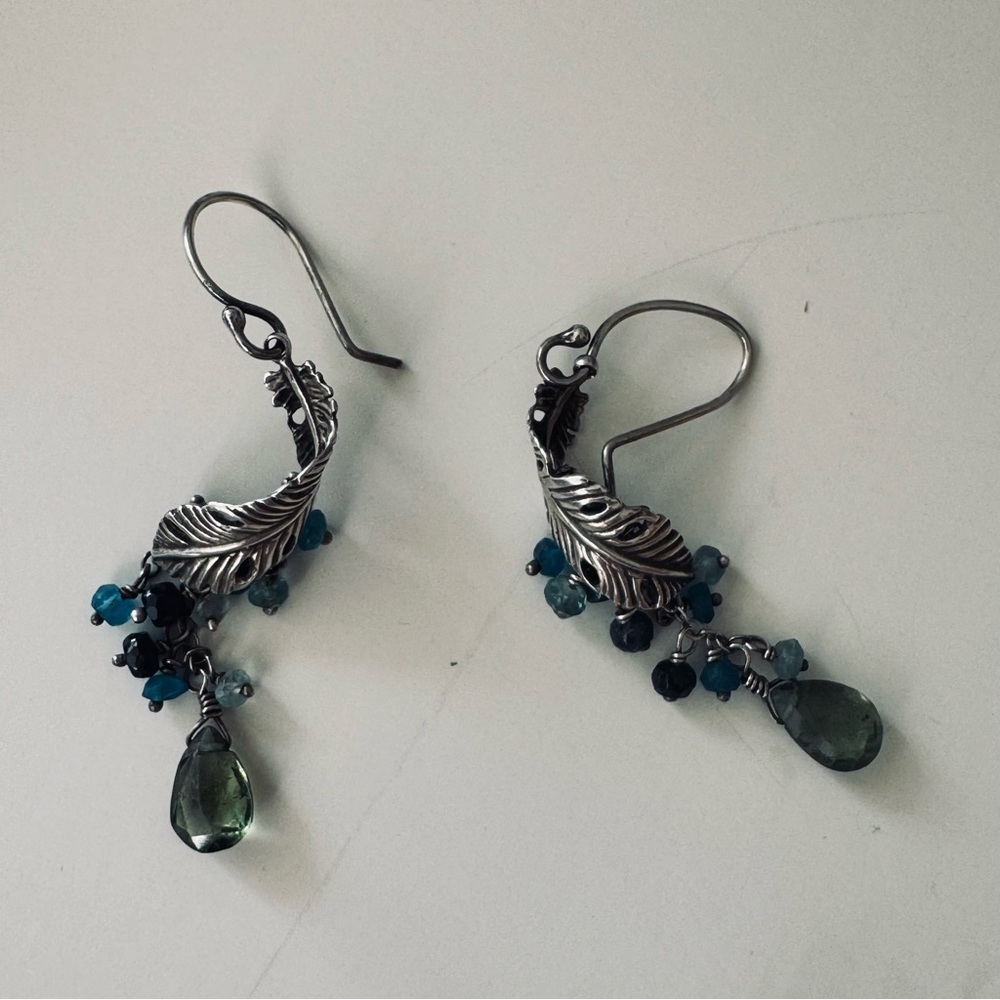 Sterling Silver Feather and Green and Blue Drop Dangle Earrings 4.85 grams - Picture 5 of 7